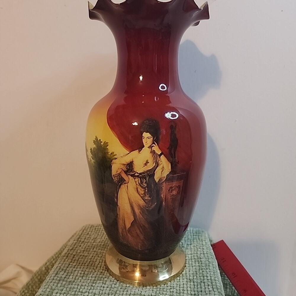 Vintage Victorian Lady Brass Vase – India 12″ Flared Top Scenic Decor Piece